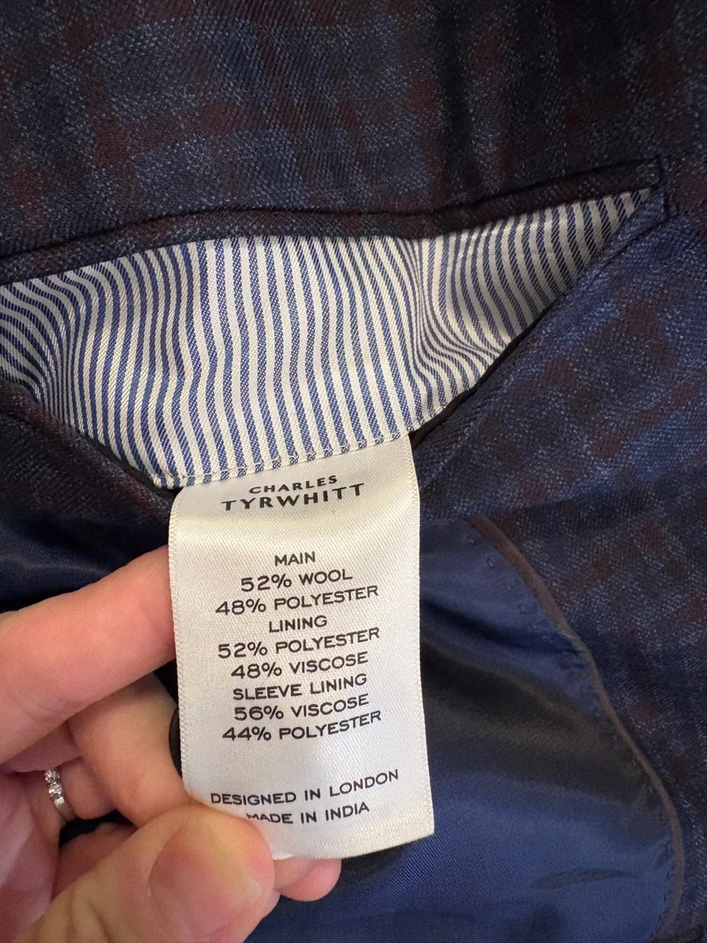 Charles Tyrwhitt Wool Texture Jacket Blazer Men’s 44 Ink Blue Check Light Weight
